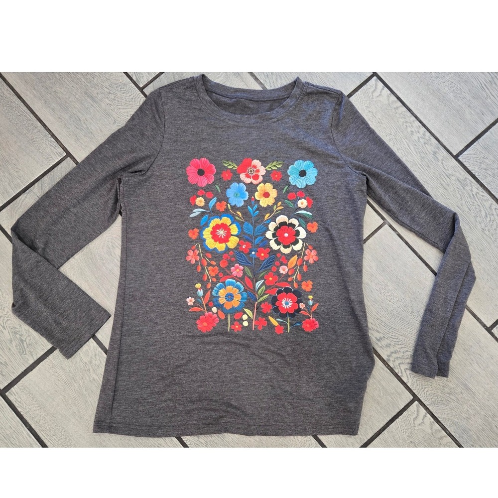 Flamingals Womens Long Sleeve Floral Graphic Tee Charcoal Gray Crewneck Large